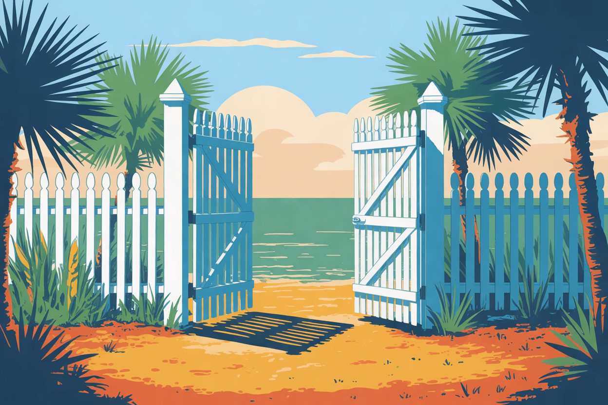 Illustration of a white picket gate standing open between palmettos, in golden hour light