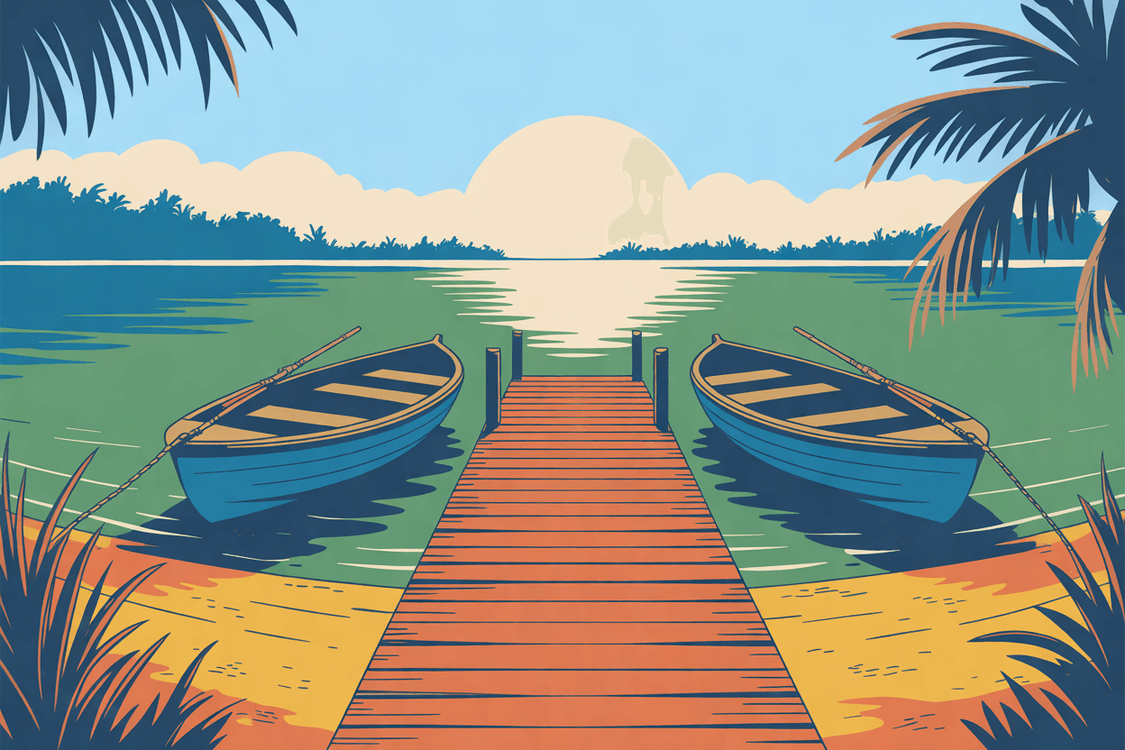 Illustration of two rowboats moored on either side of a wooden dock on a sunlit lake, in golden hour light