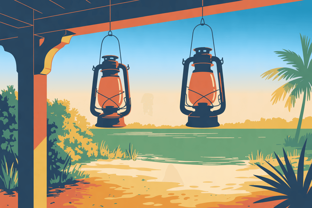 Illustration of two lanterns hanging side by side from a porch beam, a lake beyond, in golden hour light