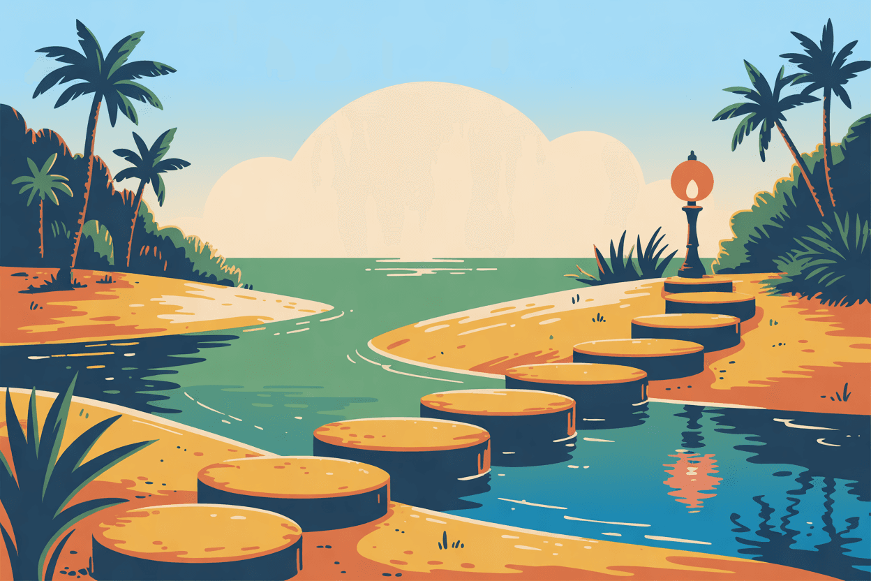 Illustration of stepping stones crossing a shallow stream to the far bank, a lamp lit on the far side, in golden hour light