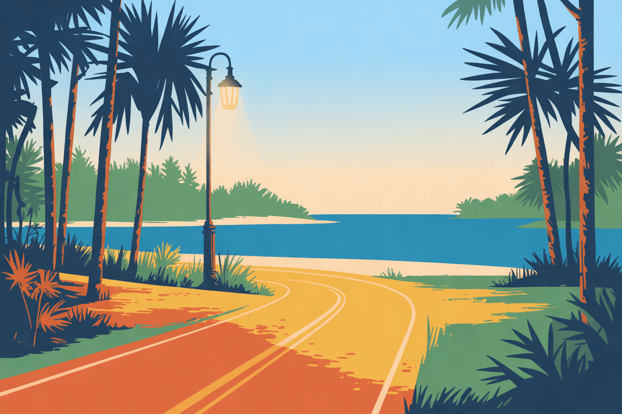 Illustration of a quiet two lane road curving through pine flatwoods toward a lit lamp post, in golden hour light
