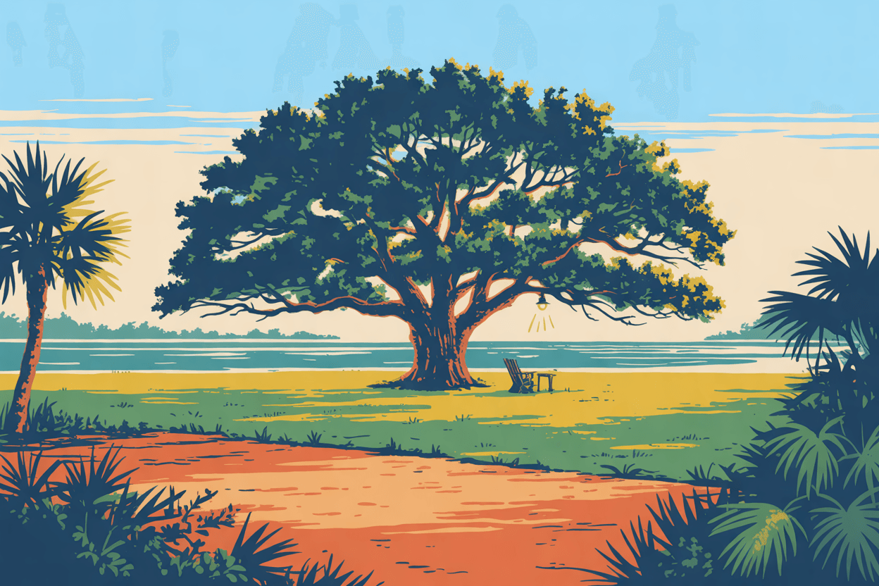 Illustration of one broad old live oak on an open lawn, its branches spreading wide, a small lamp lit beneath it, in golden hour light