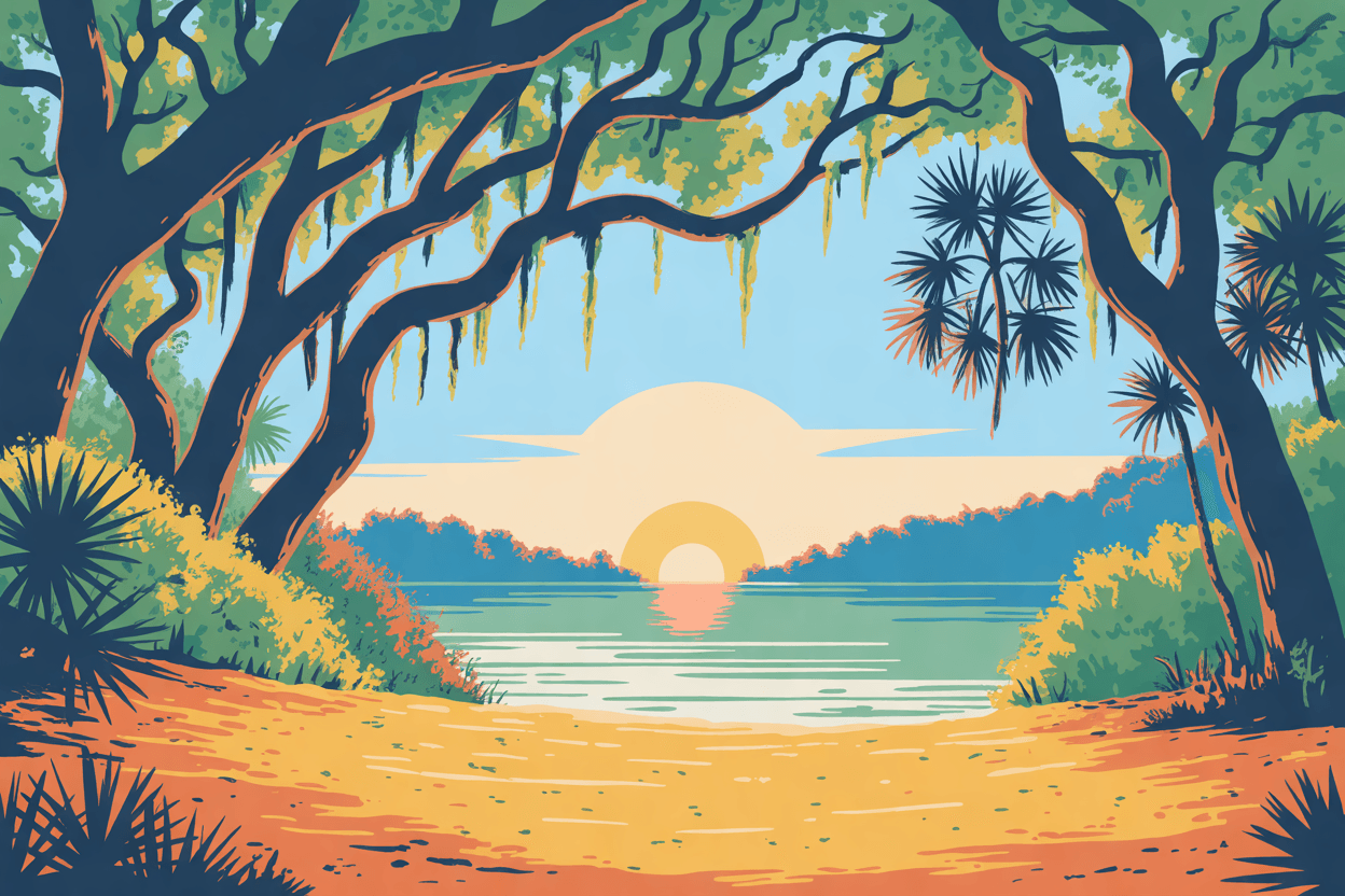 Illustration of a sandy path under arching live oaks hung with Spanish moss, the sun low over a lake beyond, in golden hour light