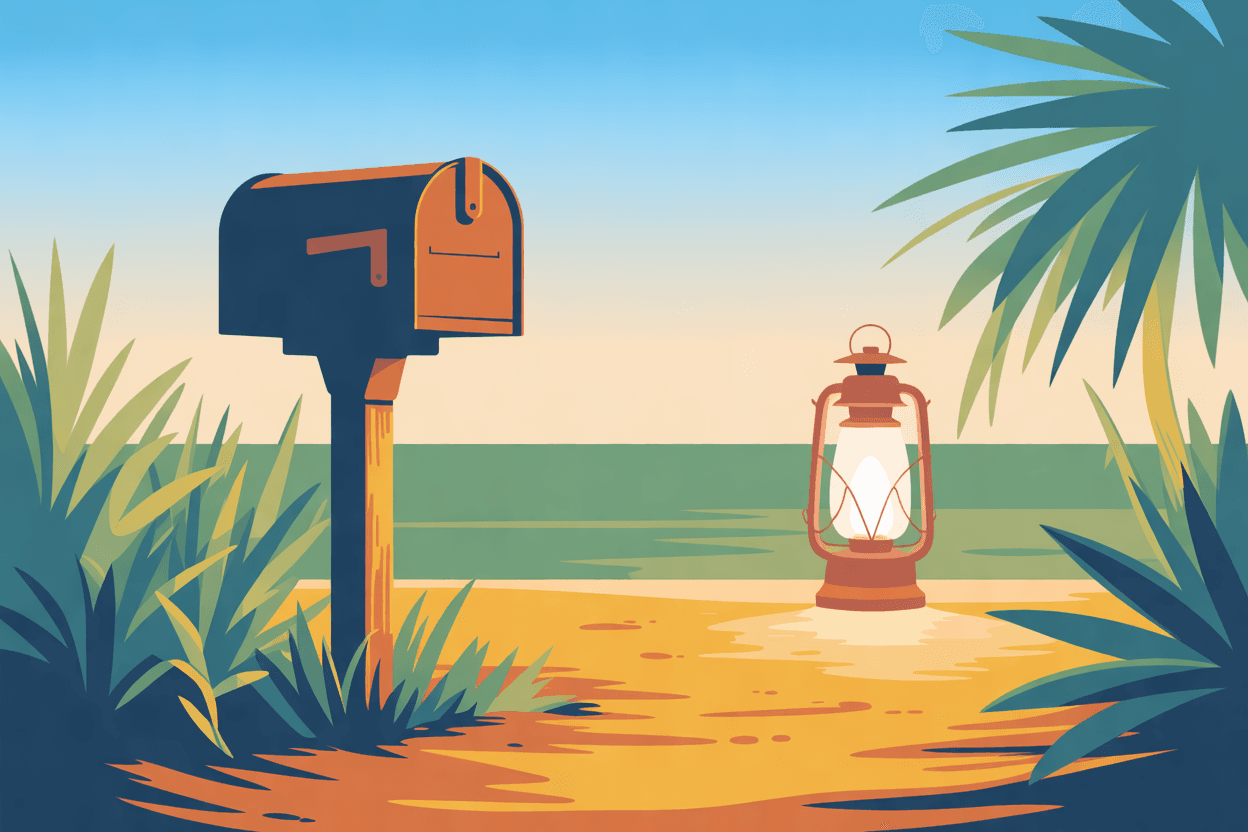 Illustration of a plain mailbox on a post at the end of a sandy drive, a lantern lit across the way, in golden hour light