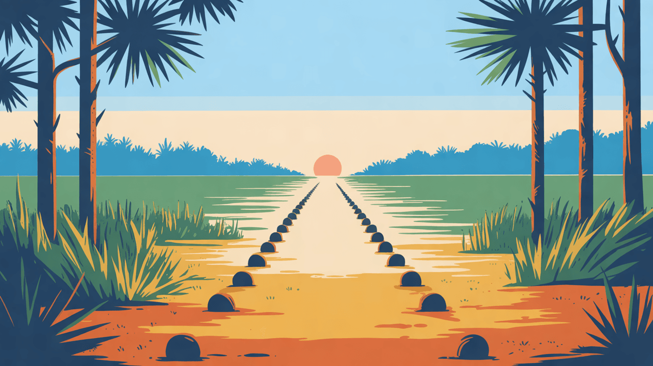 Illustration of a straight path through Florida pine flatwoods, round markers leading to a small lit point on the horizon, in golden hour light