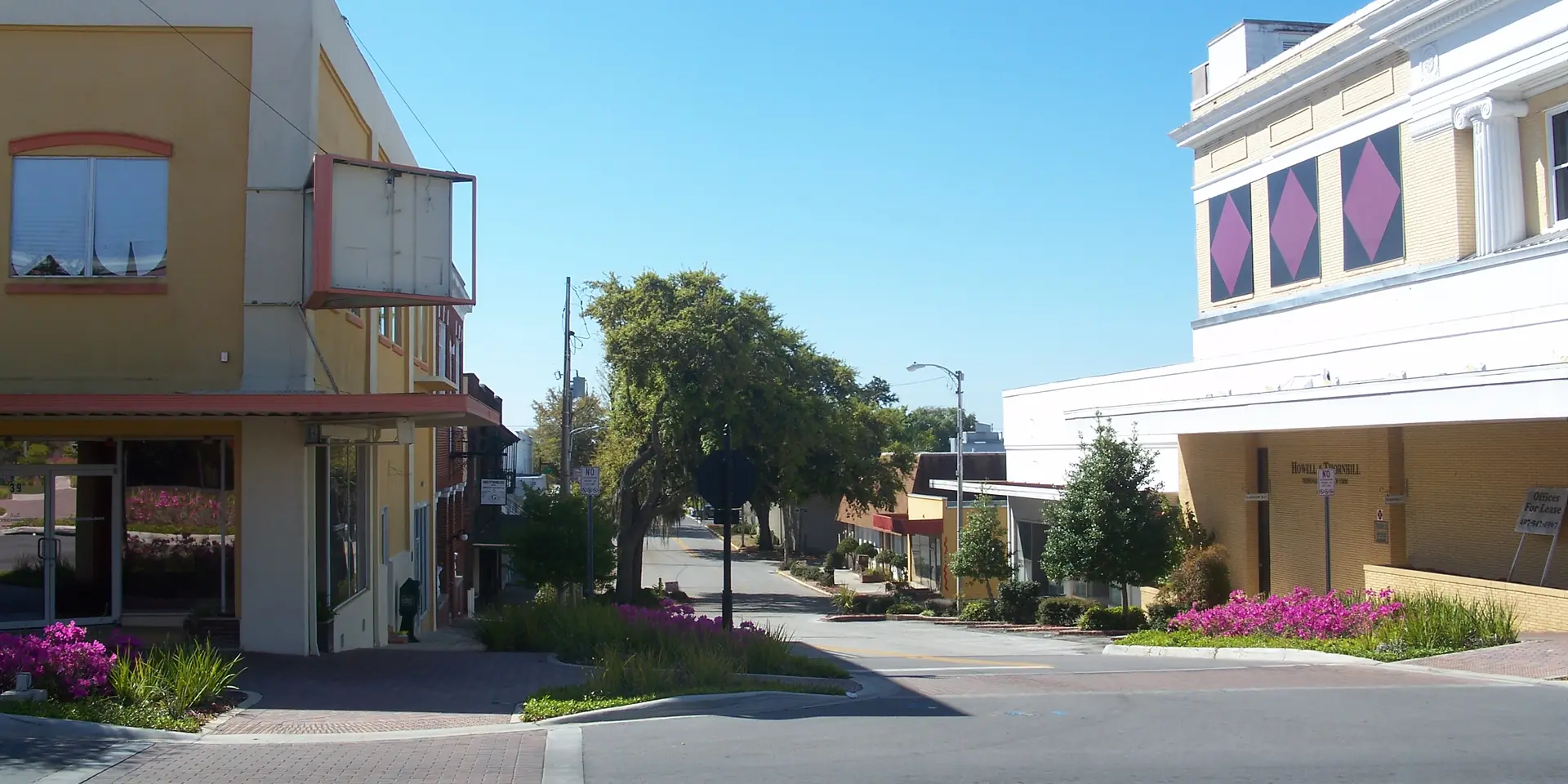 A quiet downtown street in Haines City with pink flowers in the corner planters and tall oaks down the block