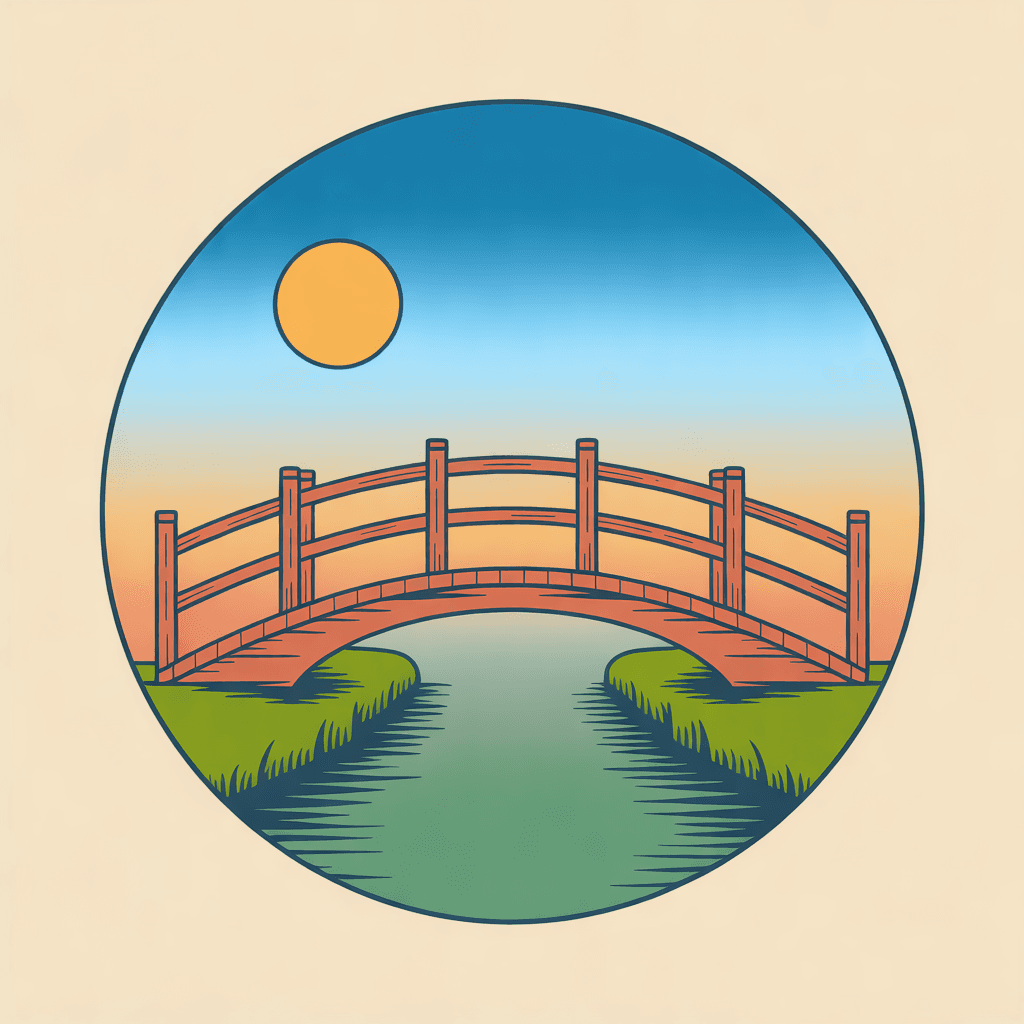 Illustration of a wooden footbridge arching over a quiet creek
