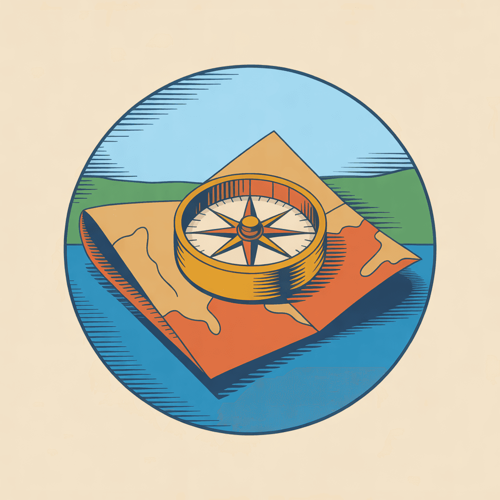 Illustration of a brass compass resting on a folded map