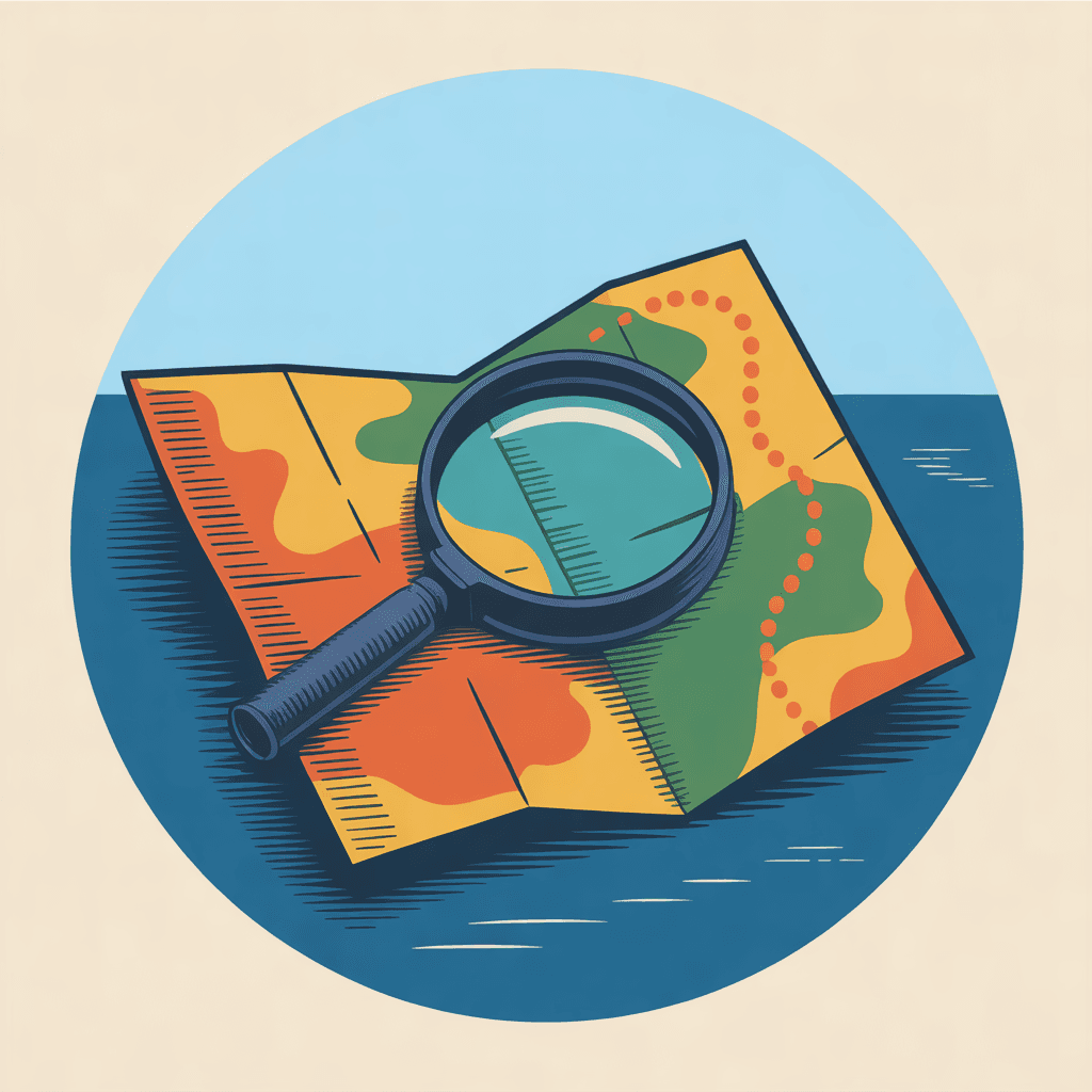 Illustration of a magnifying glass lying on an unfolded map with a dotted route