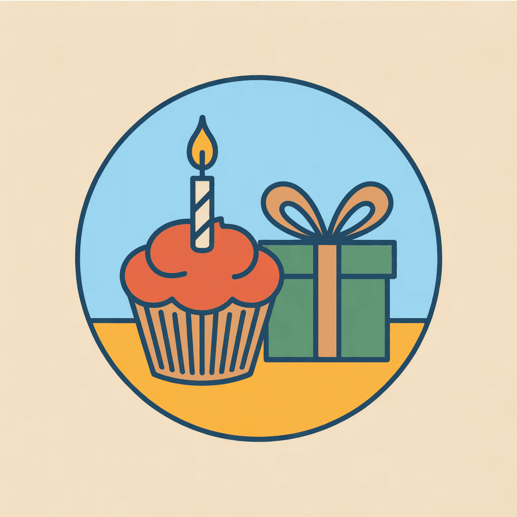 Illustration of a birthday cupcake with one lit candle beside a wrapped gift