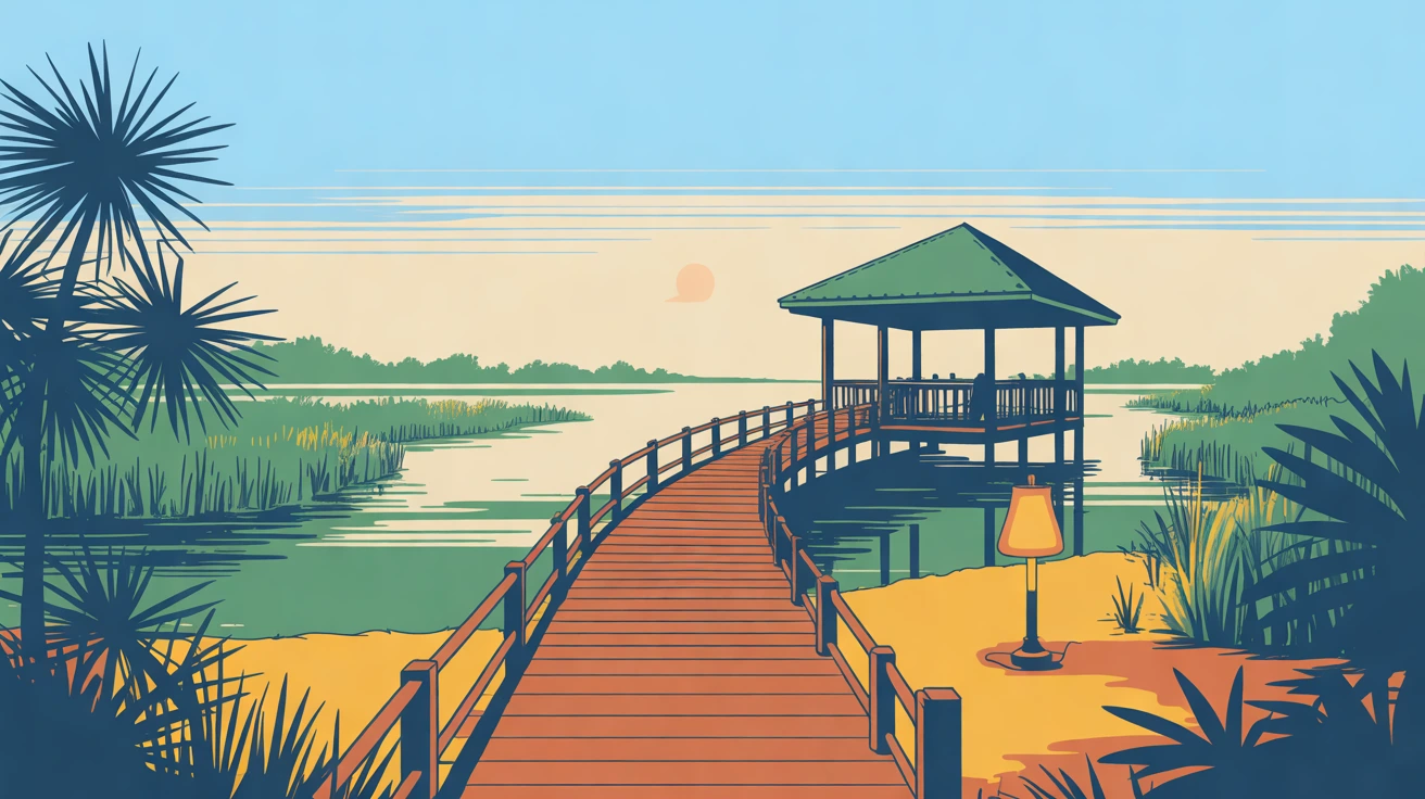 Illustration of a wooden boardwalk over a marsh leading to a small roofed pavilion, a lamp lit beside it, in golden hour light
