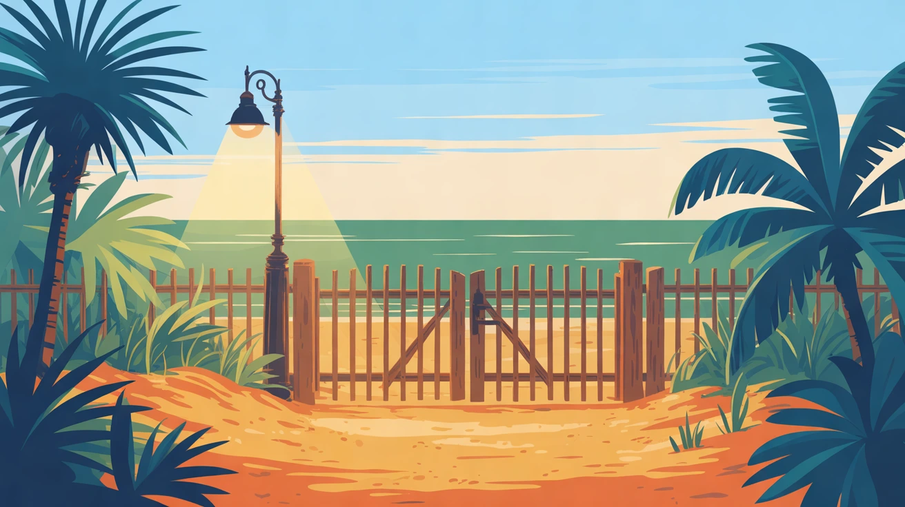 Illustration of a closed wooden gate at the end of a sandy path, a lamp post lit beside it, in golden hour light