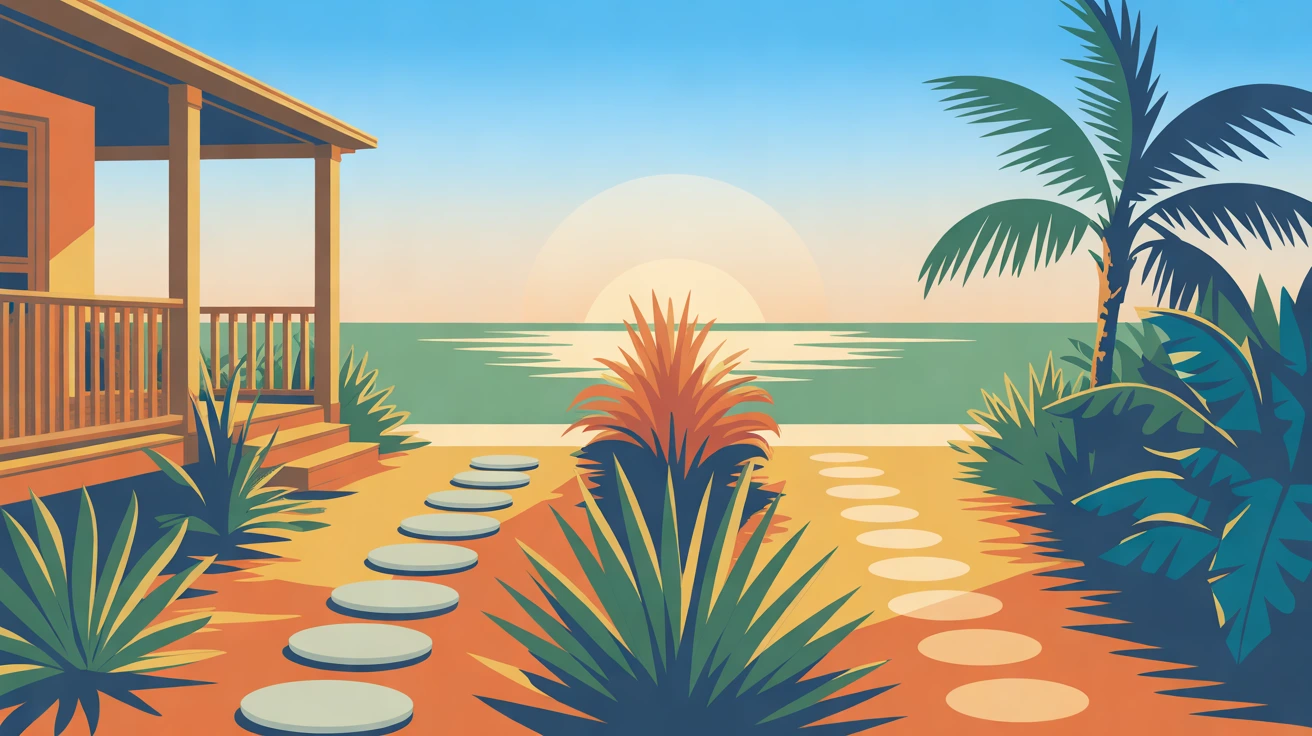 Illustration of two garden paths, one of stepping stones and one of pale shell, running side by side to a lit porch, in golden hour light