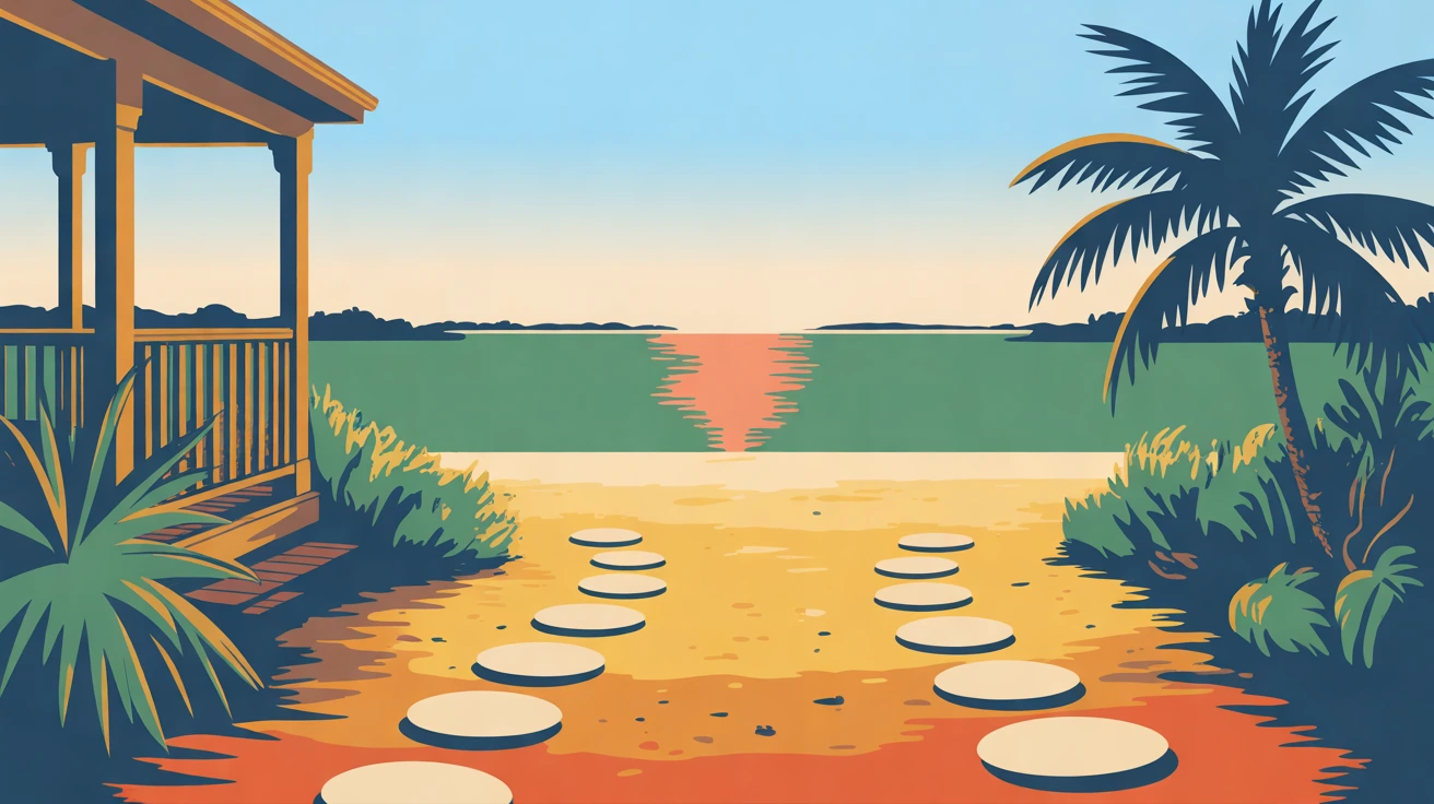 Illustration of two garden paths, one of stepping stones and one of pale shell, running side by side to a lit porch, in golden hour light