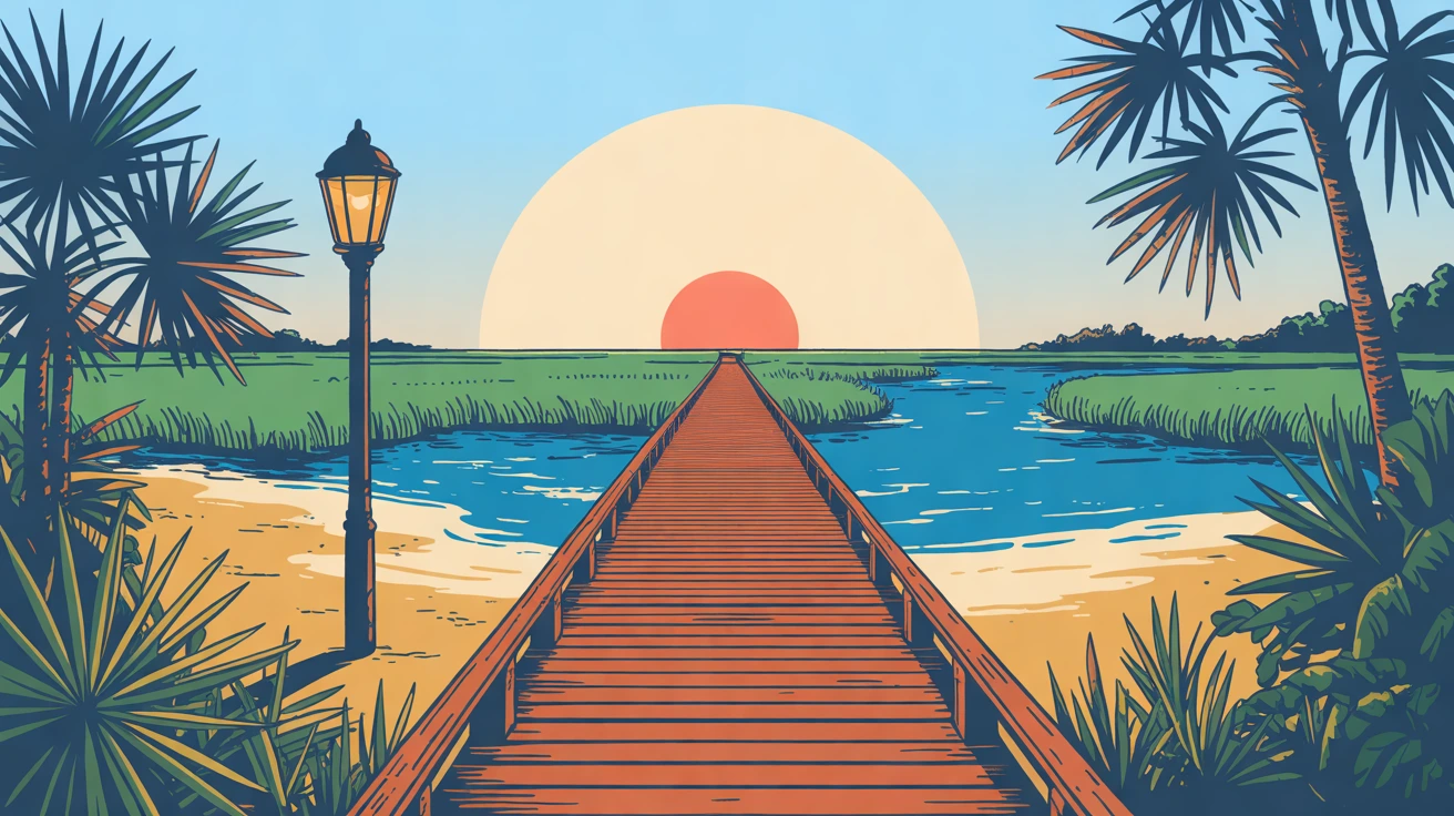 Illustration of a long wooden boardwalk across a marsh running toward a low golden sun, a lamp lit beside it, in golden hour light