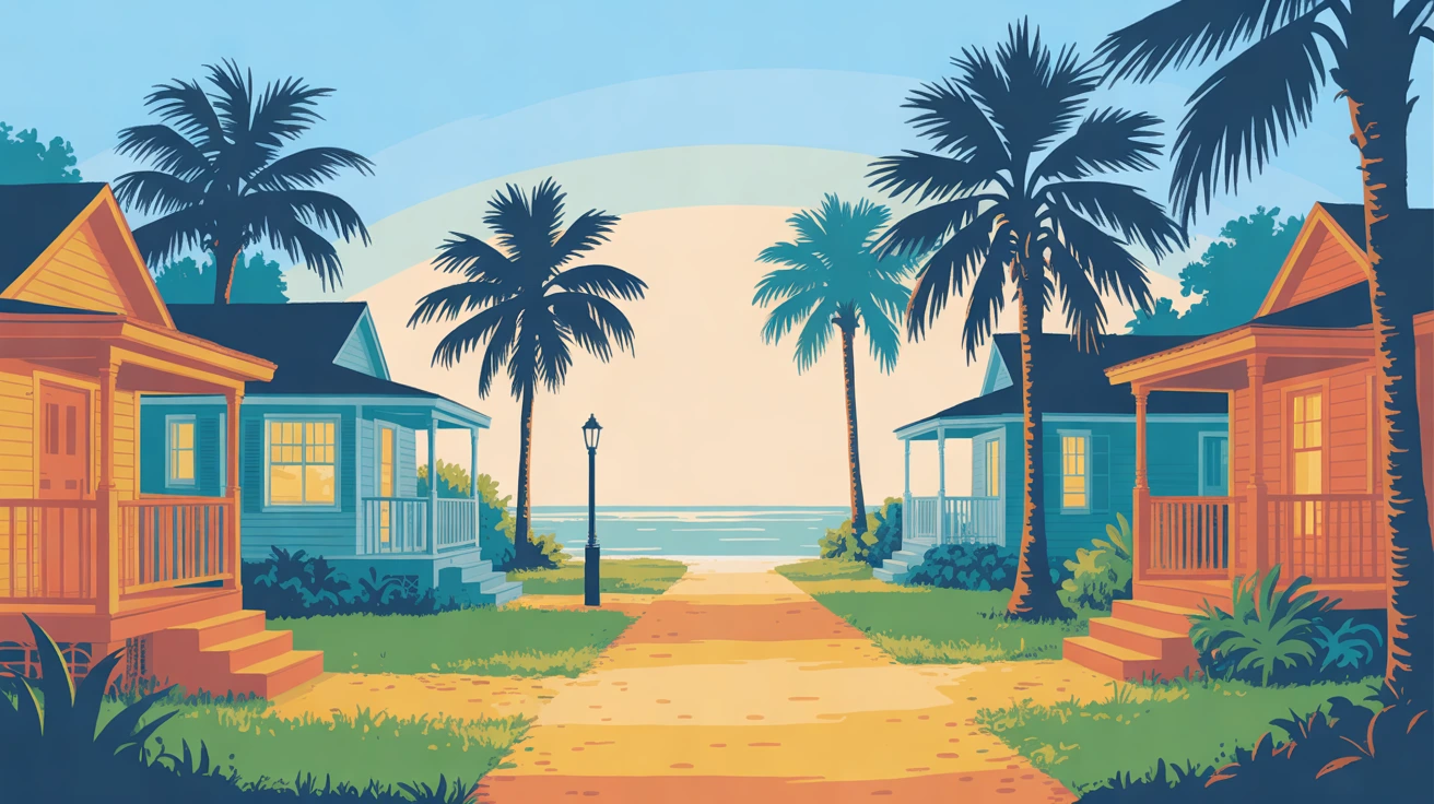 Illustration of a quiet street of small bungalows under live oaks, porch lights and one lamp post lit, in golden hour light